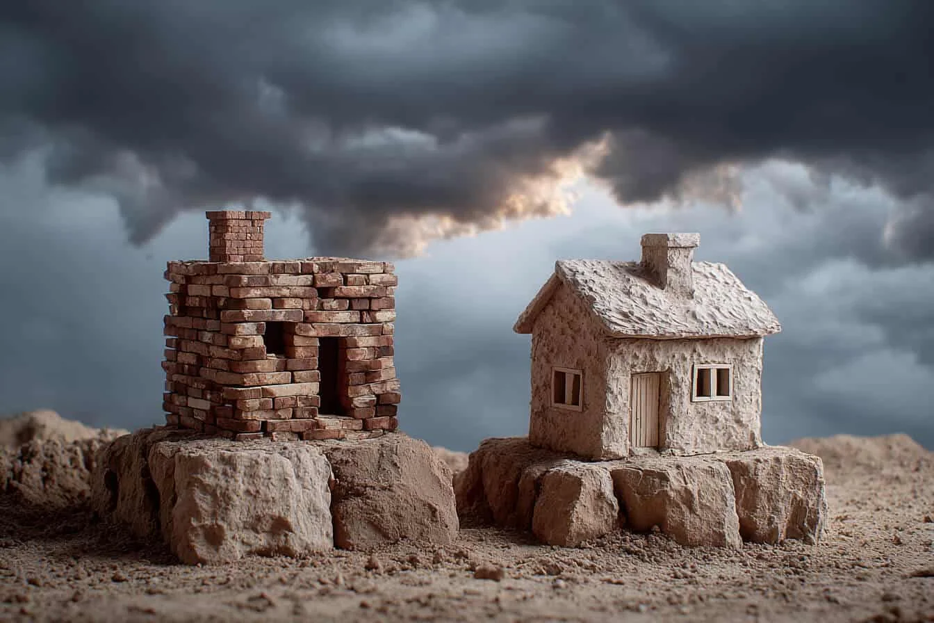 Doua machete ale unor case una construita din caramida cealalta din chirpici sub un cer innorat