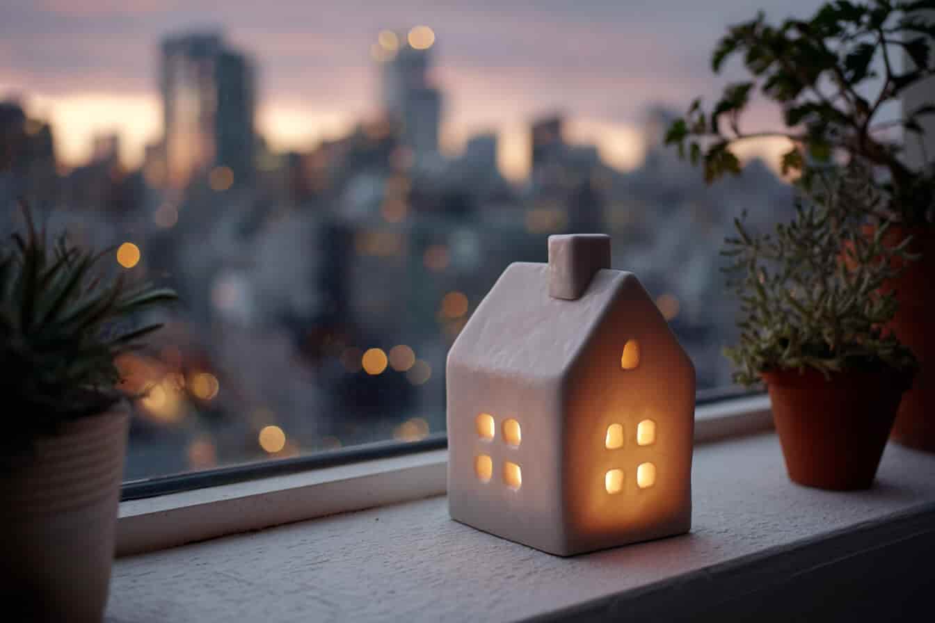 Casuta decorativa luminata, asezata pe pervaz cu un oras defocalizat in fundal