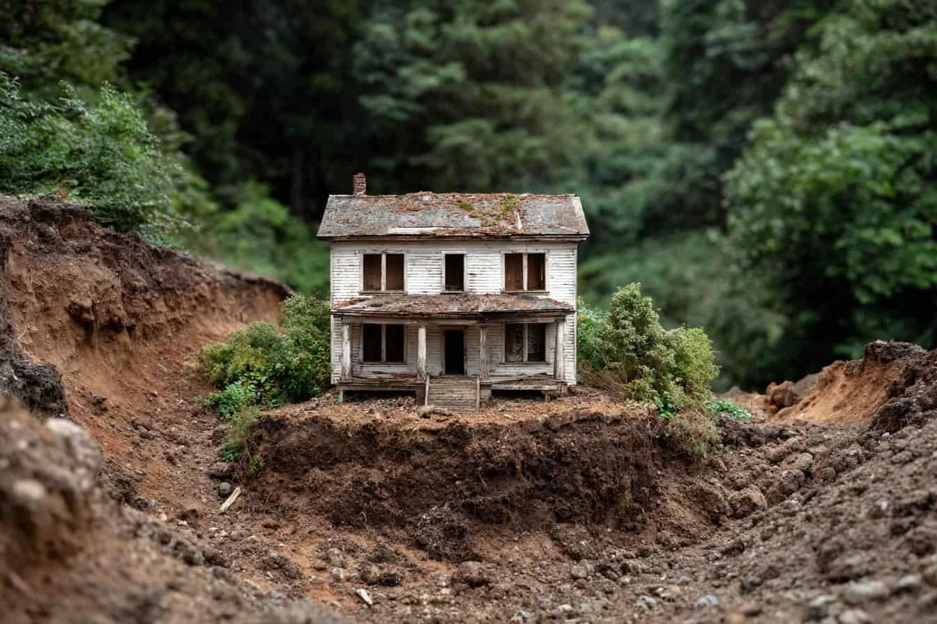 Casuta veche deteriorata iesita la iveala in urma unei alunecari de teren