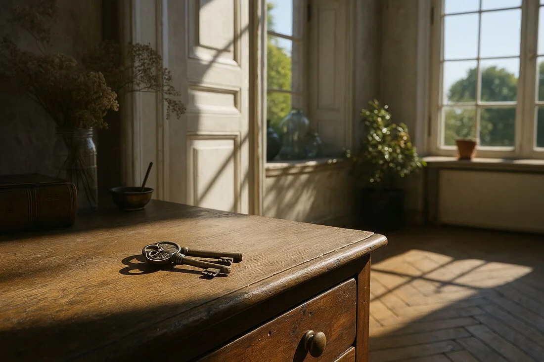 Chei langa o carte pe o masa de lemn veche