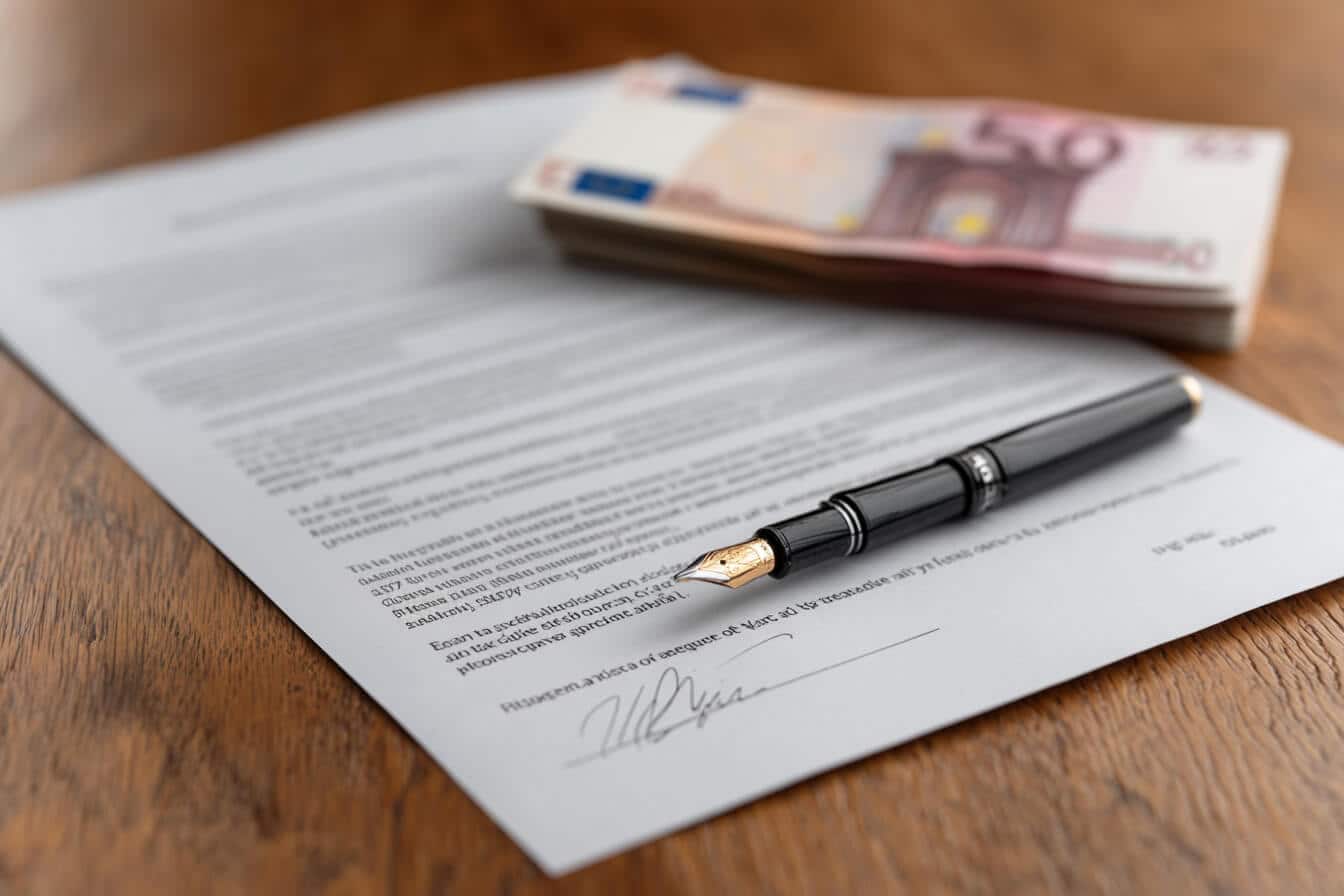 Contract tiparit semnat pe o masa alaturi de un stilou si bancnote euro