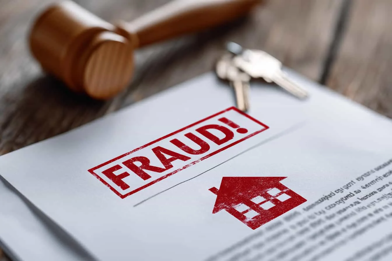 Document cu stampila rosie fraud si simbolul unei case