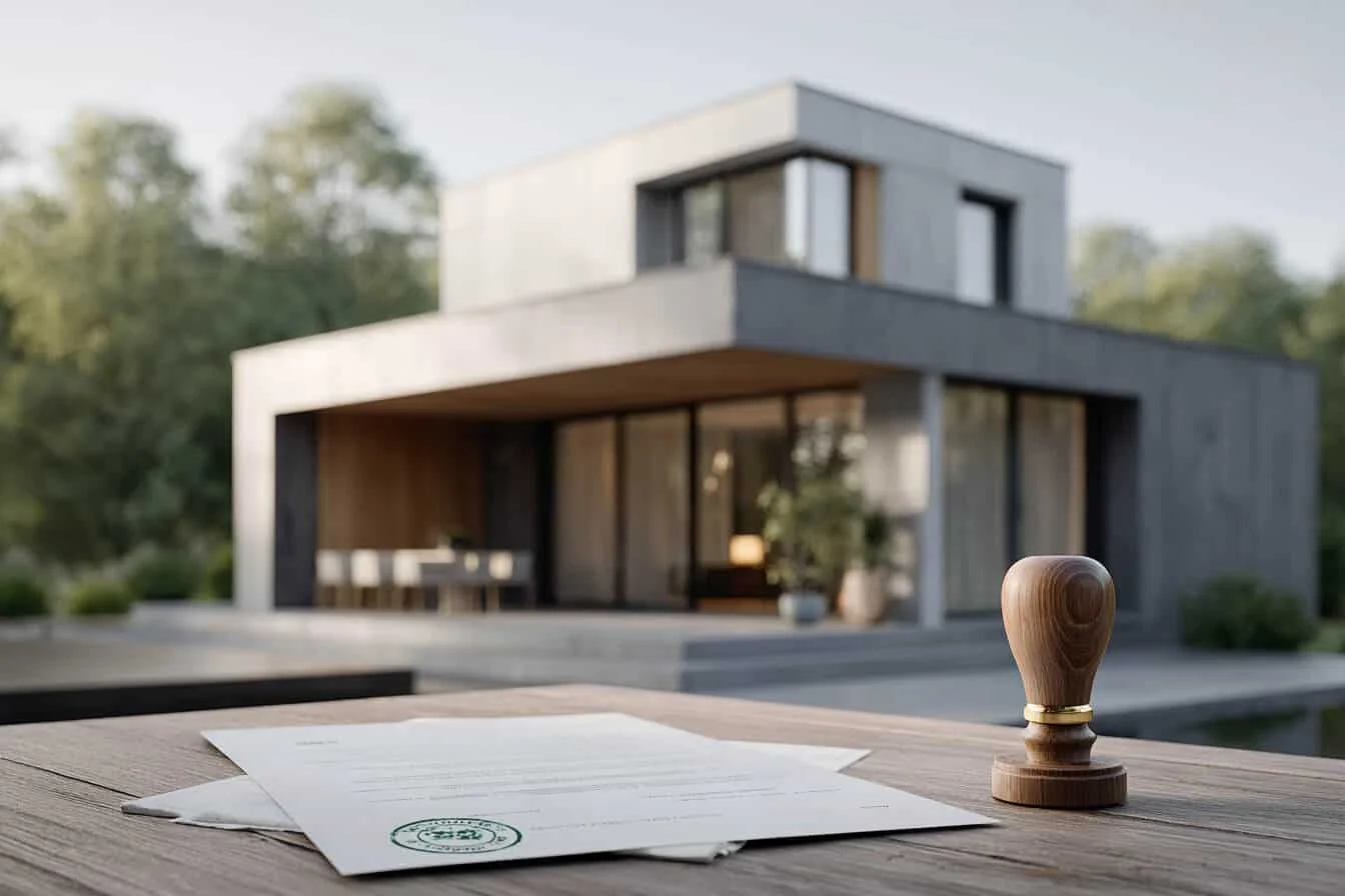 Documente si stampila pe masa cu o casa moderna in fundal intr-un cadru natural