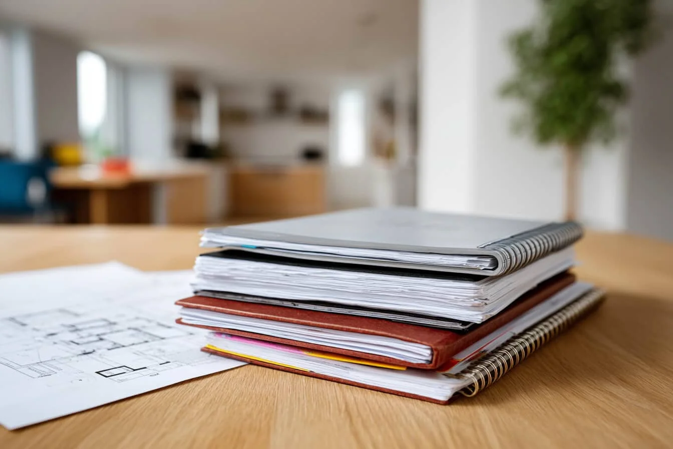 Mai multe dosare si documente stivuite pe o masa intr-o incapere luminoasa