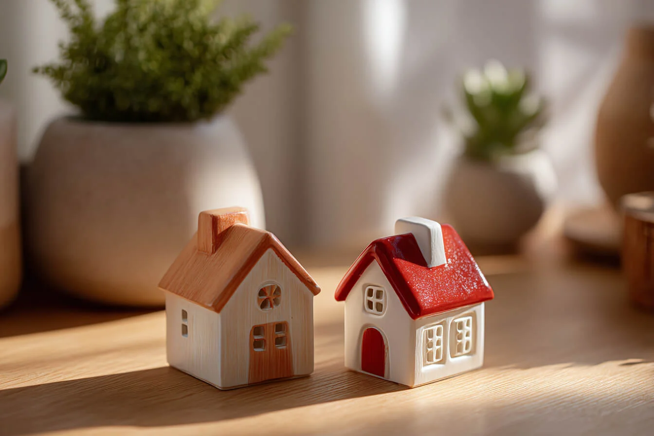 Doua machete de case asezate pe o masa cu plante decorative in fundal