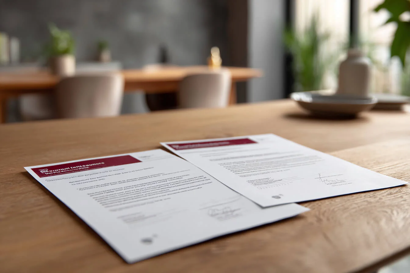 Doua polite de asigurare pad tiparite pe o masa de lemn intr-un decor modern