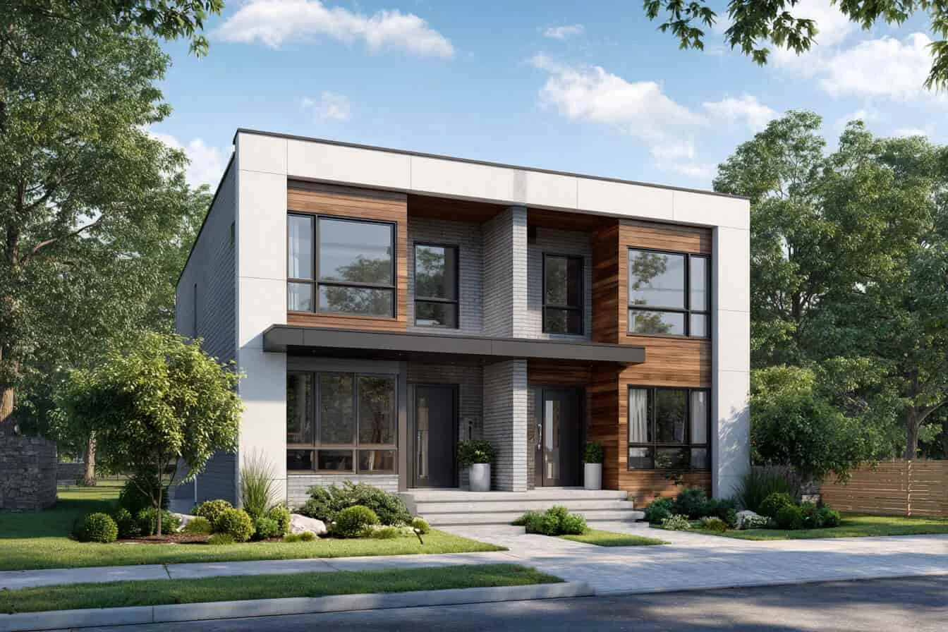 Duplex modern cu elemente din lemn si vegetatie amenajata in curte