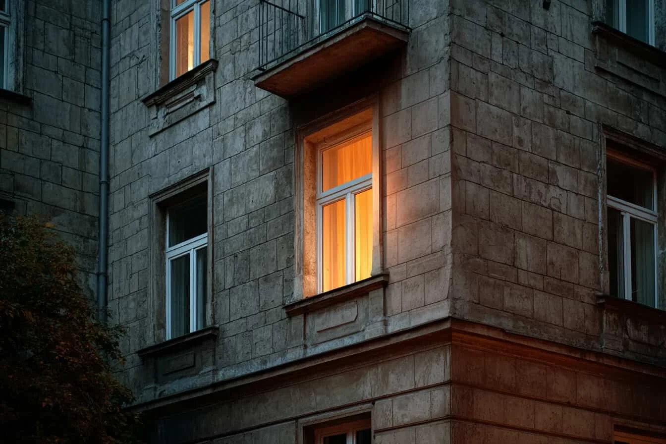 Fatada unei cladiri gri cu o singura fereastra luminata