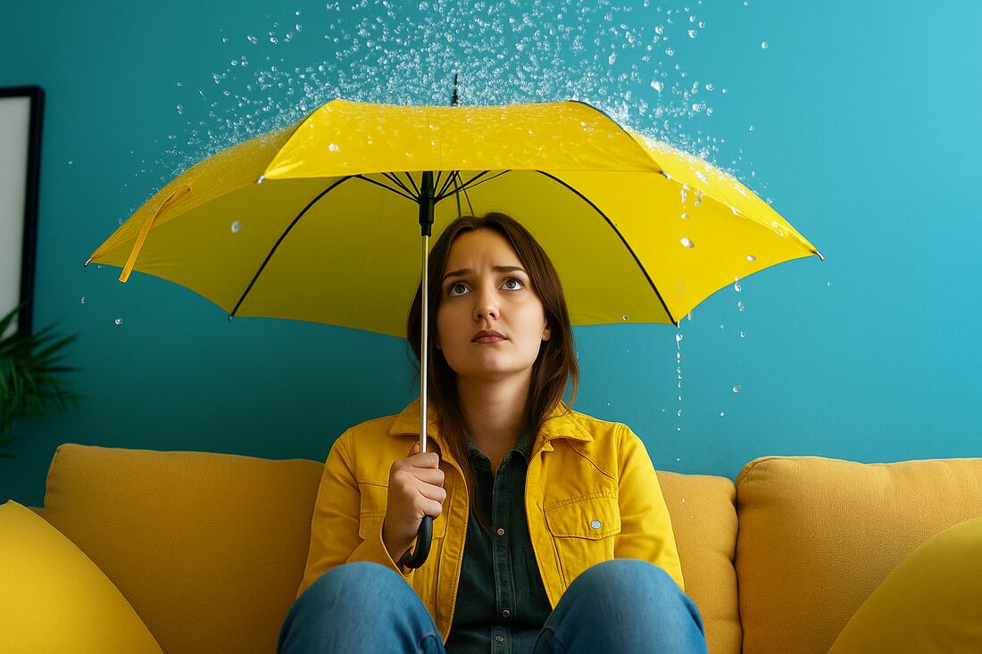 Femeie ingrijorata cu umbrela in apartament