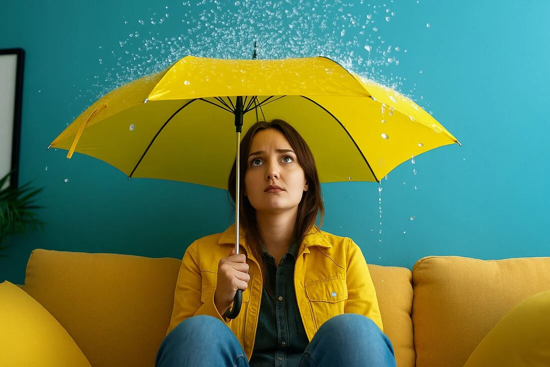 Femeie ingrijorata cu umbrela in apartament