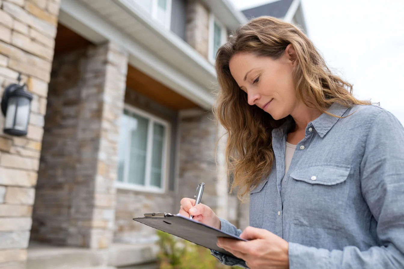 Femeie semneaza polita pad in fata unei case cu fatada din piatra