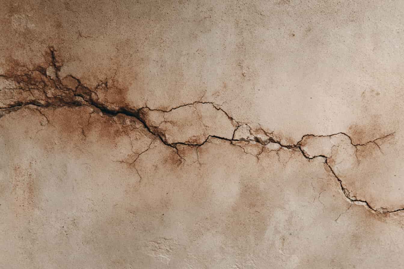 Fisura mare pe perete de tencuiala cu textura ruginiu inchis