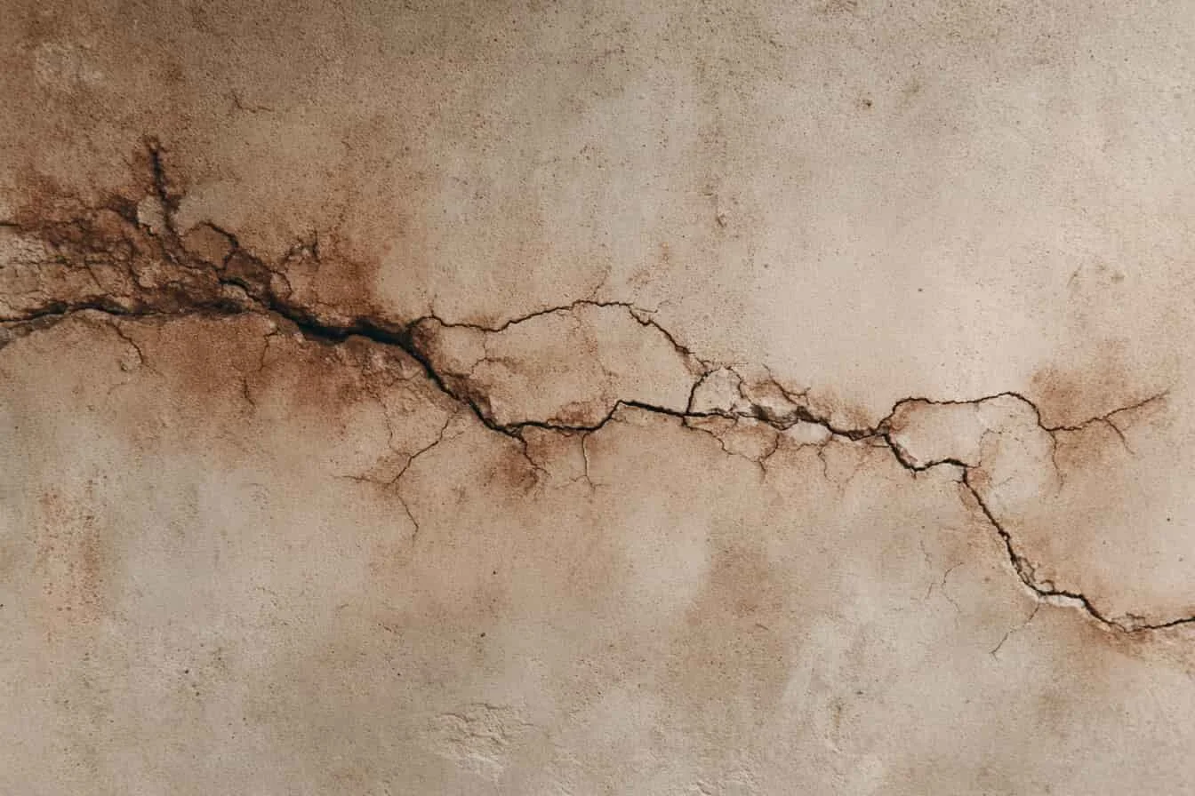 Fisura mare pe perete de tencuiala cu textura ruginiu inchis