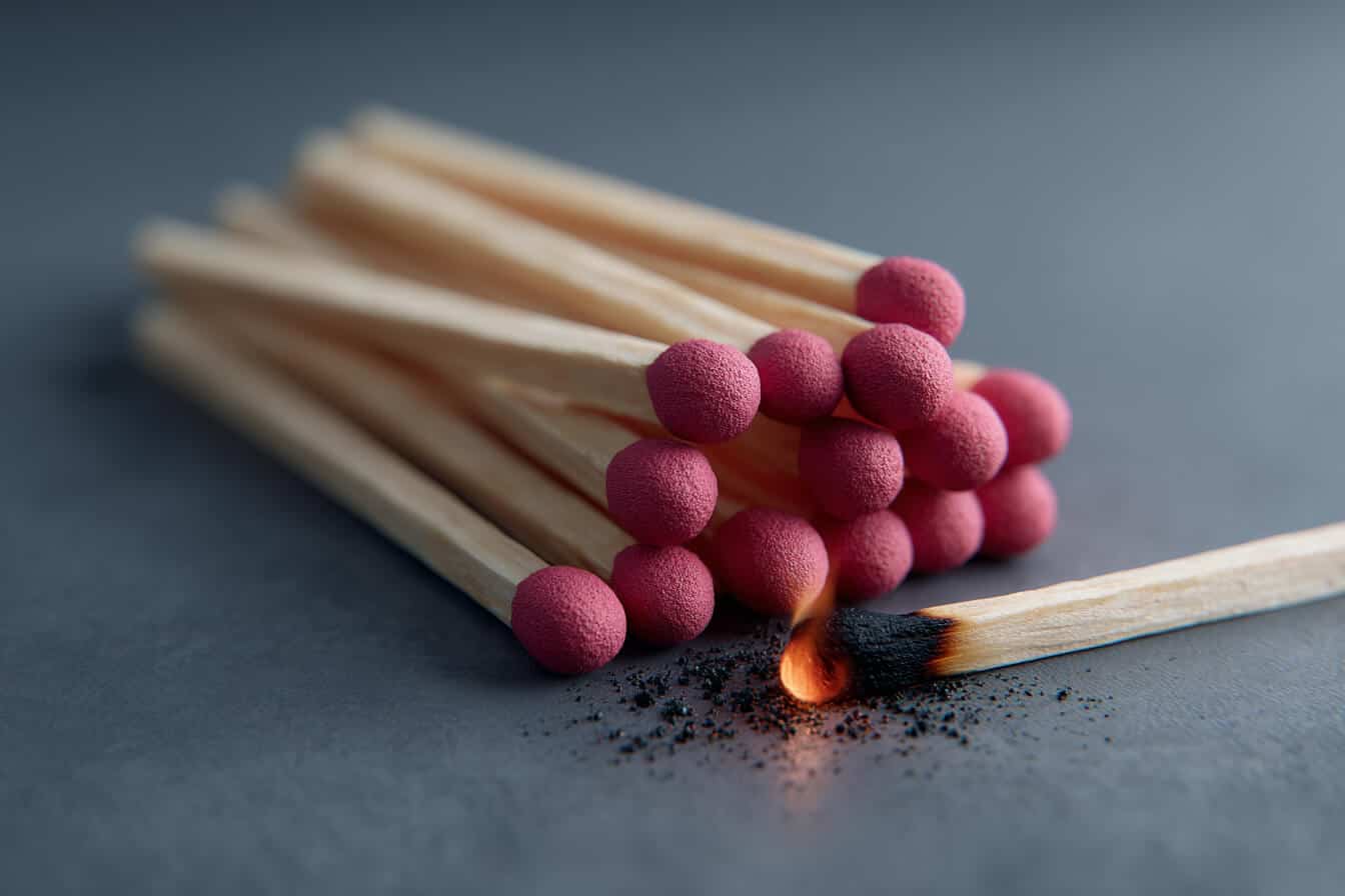 Gramada de chibrituri cu capete rosii asezate pe o suprafata gri si un chibrit aprins arde la baza