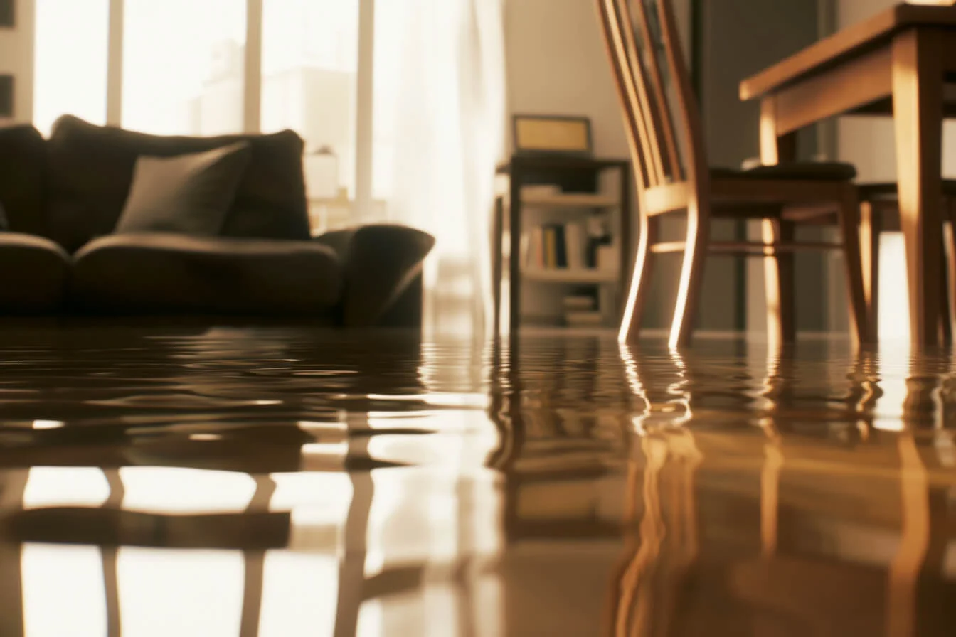 Living inundat cu canapea și mobilier acoperite de apă