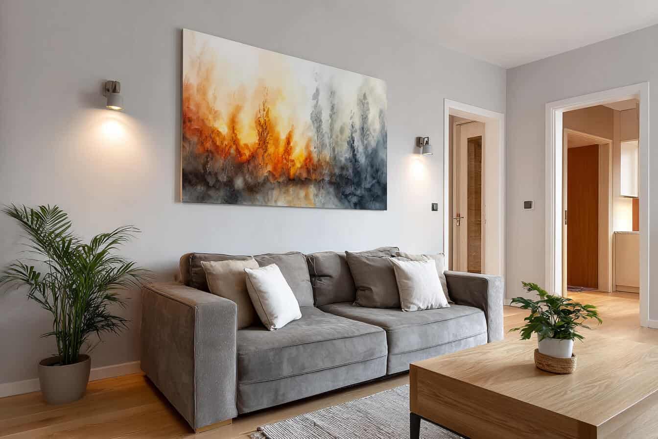 Living modern cu canapea gri decorat cu un tablou mare ce ilustreaza culori asemanatoare flacarilor