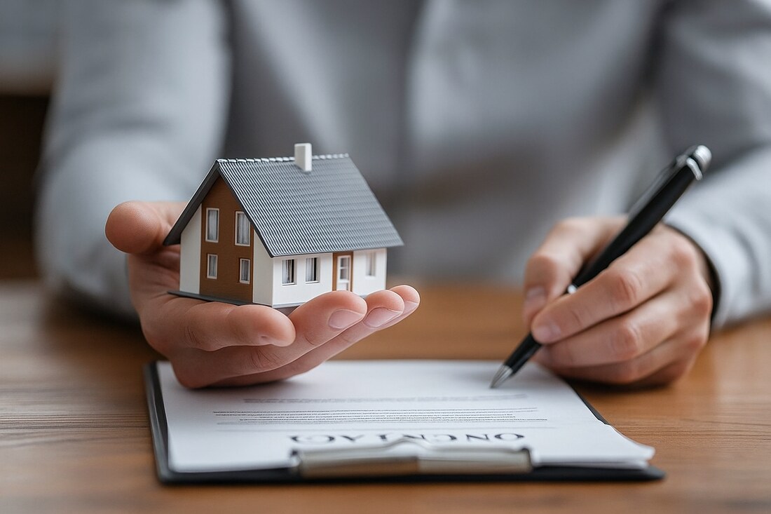 Persoana care tine in palma o macheta de casa deasupra unor documente