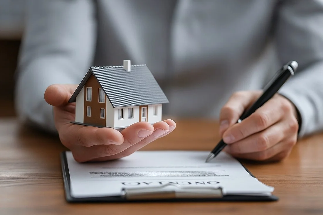 Persoana care tine in palma o macheta de casa deasupra unor documente