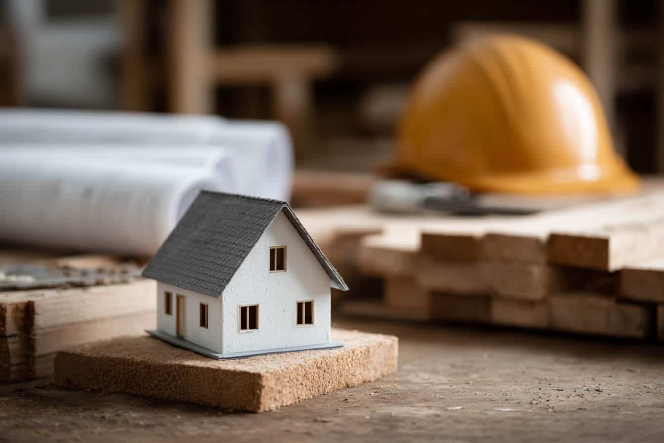 Macheta de casa asezata pe bucata de lemn cu planuri si casca de protectie in fundal