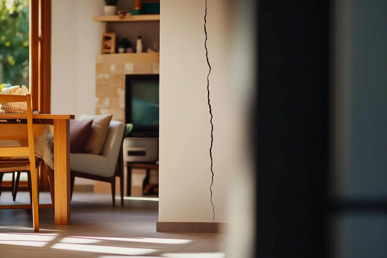 Perete crăpat într-o cameră de zi cu mobilier și șemineu