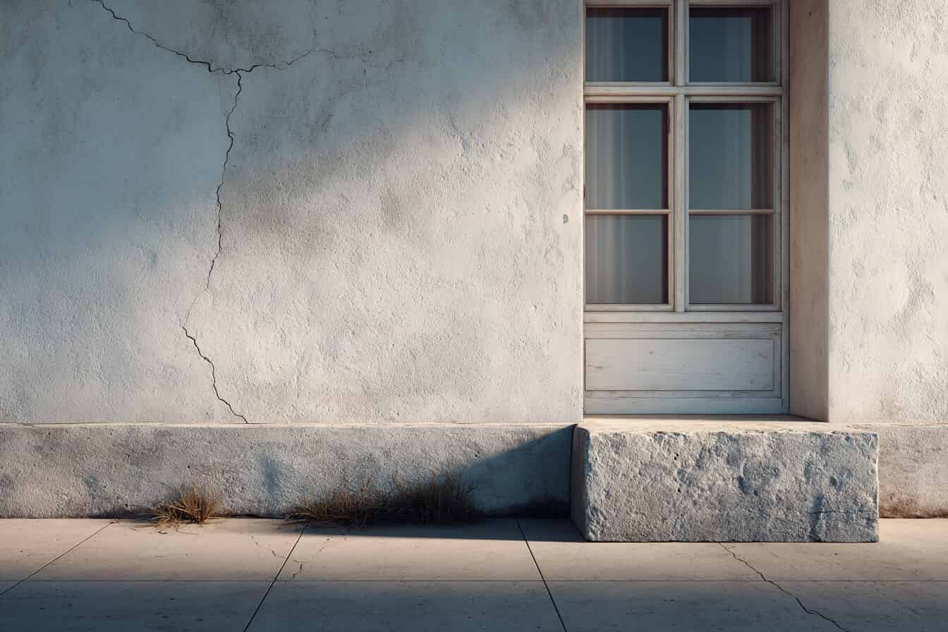 Perete exterior cu fisuri vizibile langa o fereastra veche si o treapta din piatra