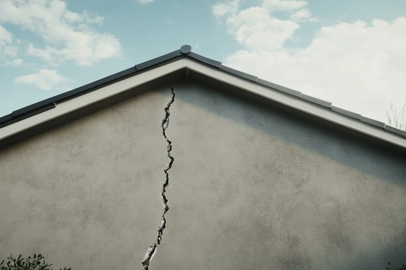 Perete fisurat al unei case după un cutremur