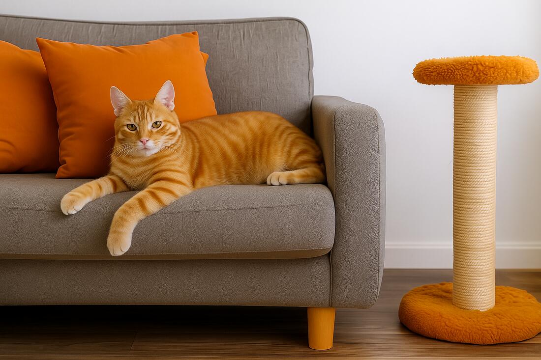 Pisica portocalie pe fotoliu