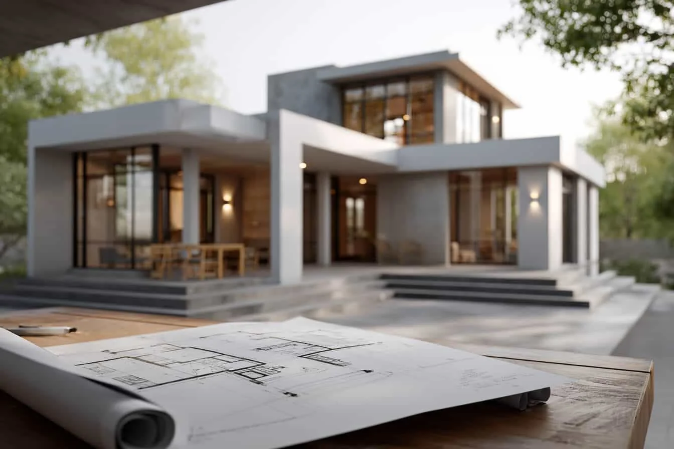 Plan arhitectural derulat pe masa in fata unei case moderne cu structura geometrica