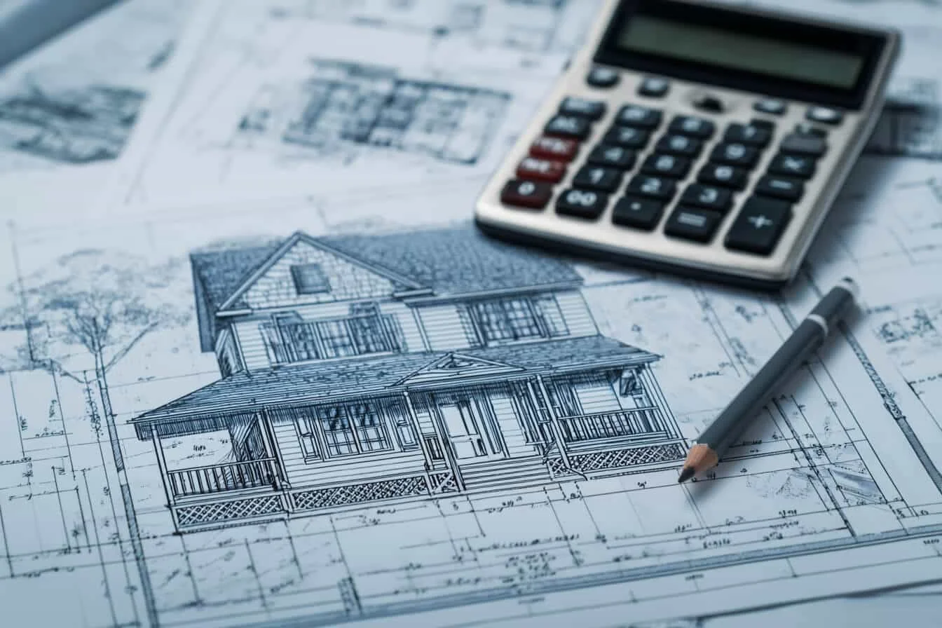 Plan tehnic al unei case cu un calculator si creion deasupra