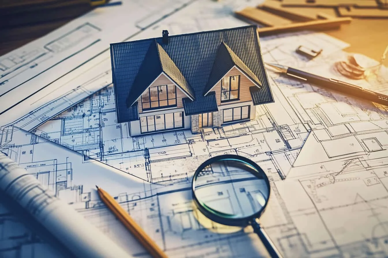 Machetă de casă pe planuri arhitecturale cu lupă și creioane pe birou