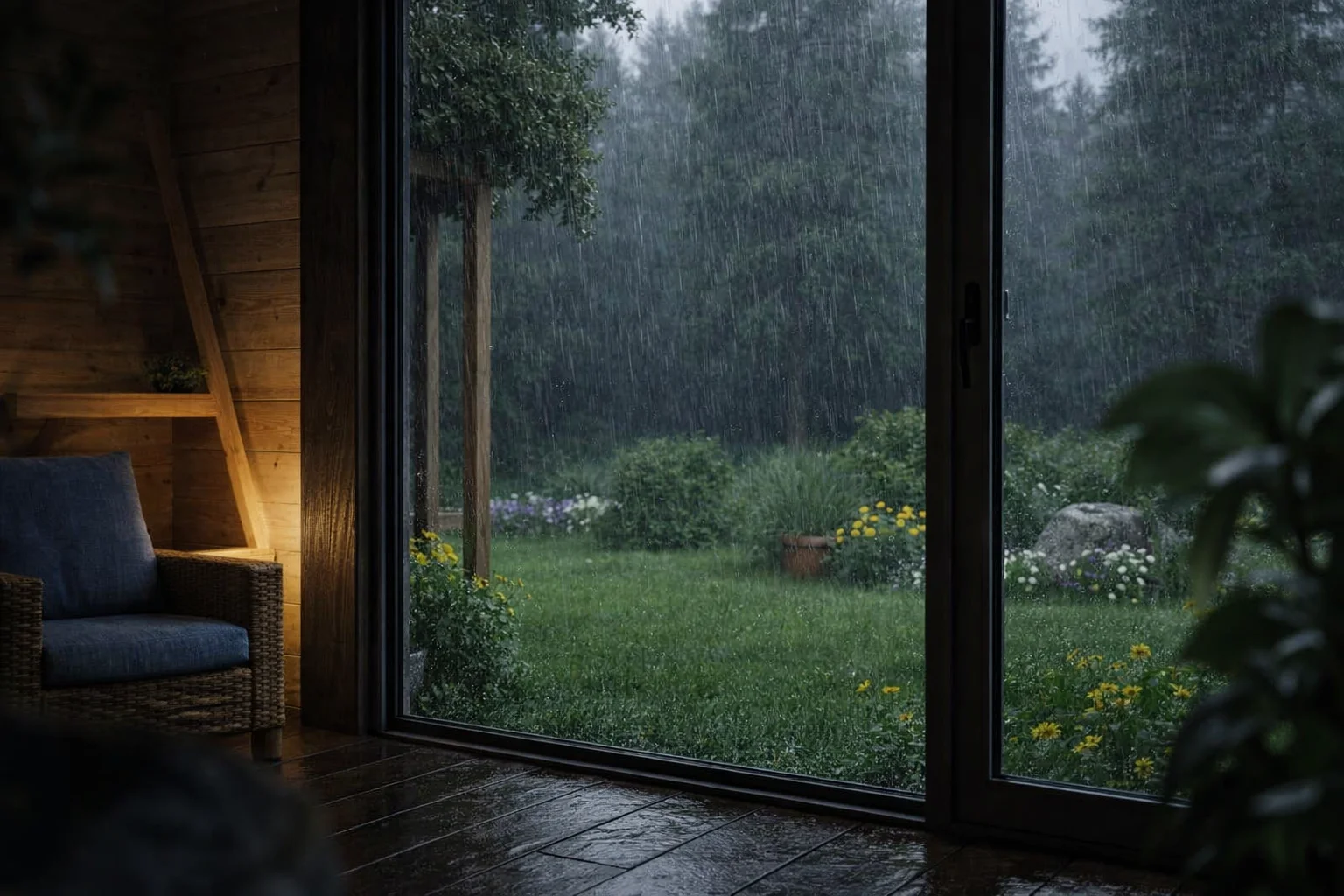 Vedere spre grădina ploioasă dintr-o cameră de lemn confortabilă