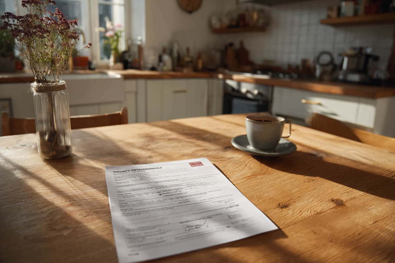 Polita de asigurare ceasca de cafea si vaza transparenta cu flori uscate pe o masa de lemn intr-o bucatarie