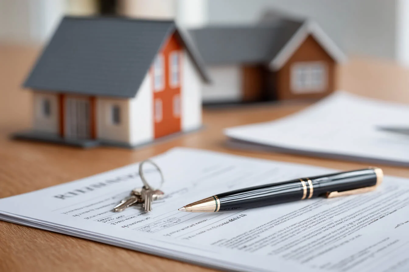 Masa cu polita de locuinta tiparita un stilou elegant si doua machete ale unor case in fundal