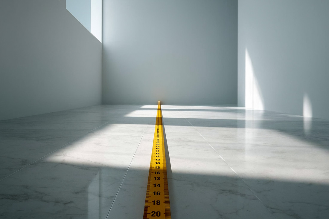 Ruleta galbena intinsa pe podea de marmura intr-o camera goala cu pereti albi