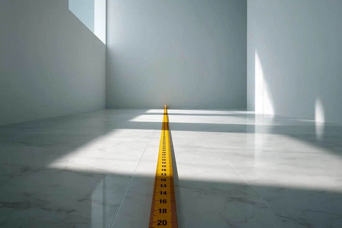 Ruleta galbena intinsa pe podea de marmura intr-o camera goala cu pereti albi