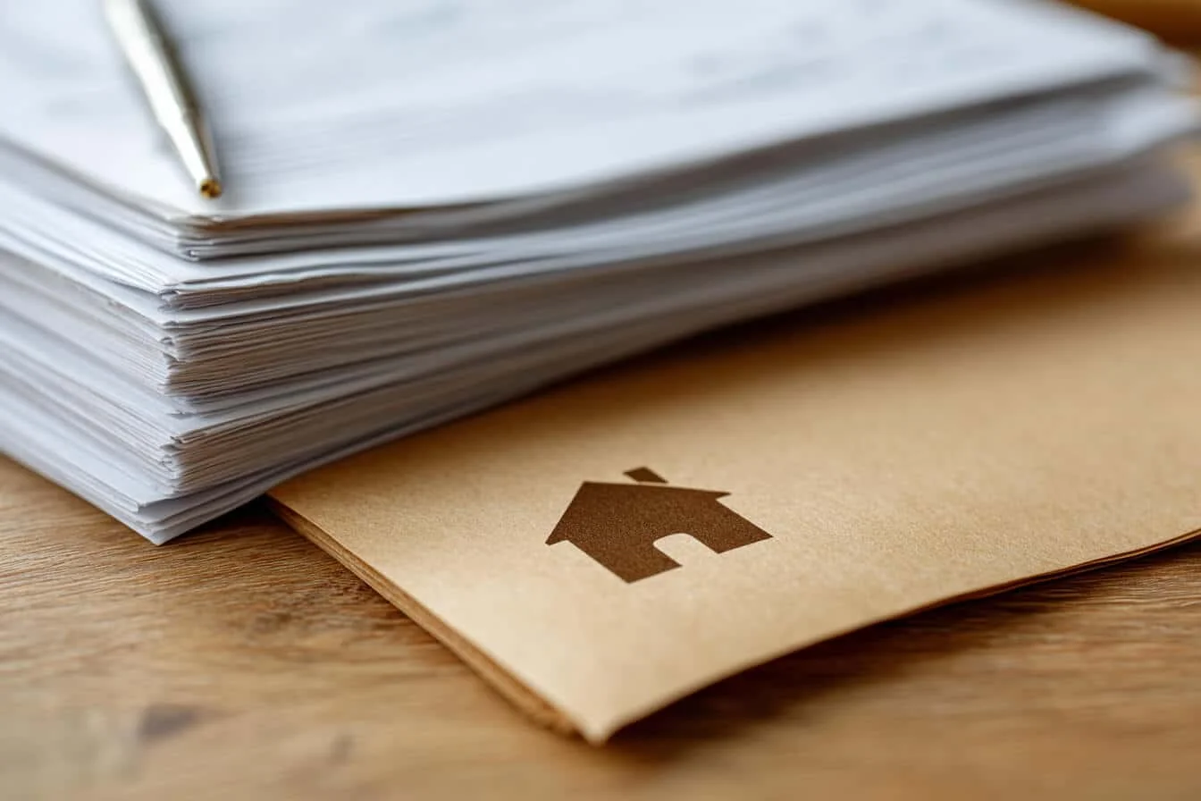 Teanc gros de documente din care iese un dosar maro cu simbolul unei case imprimat pe coperta