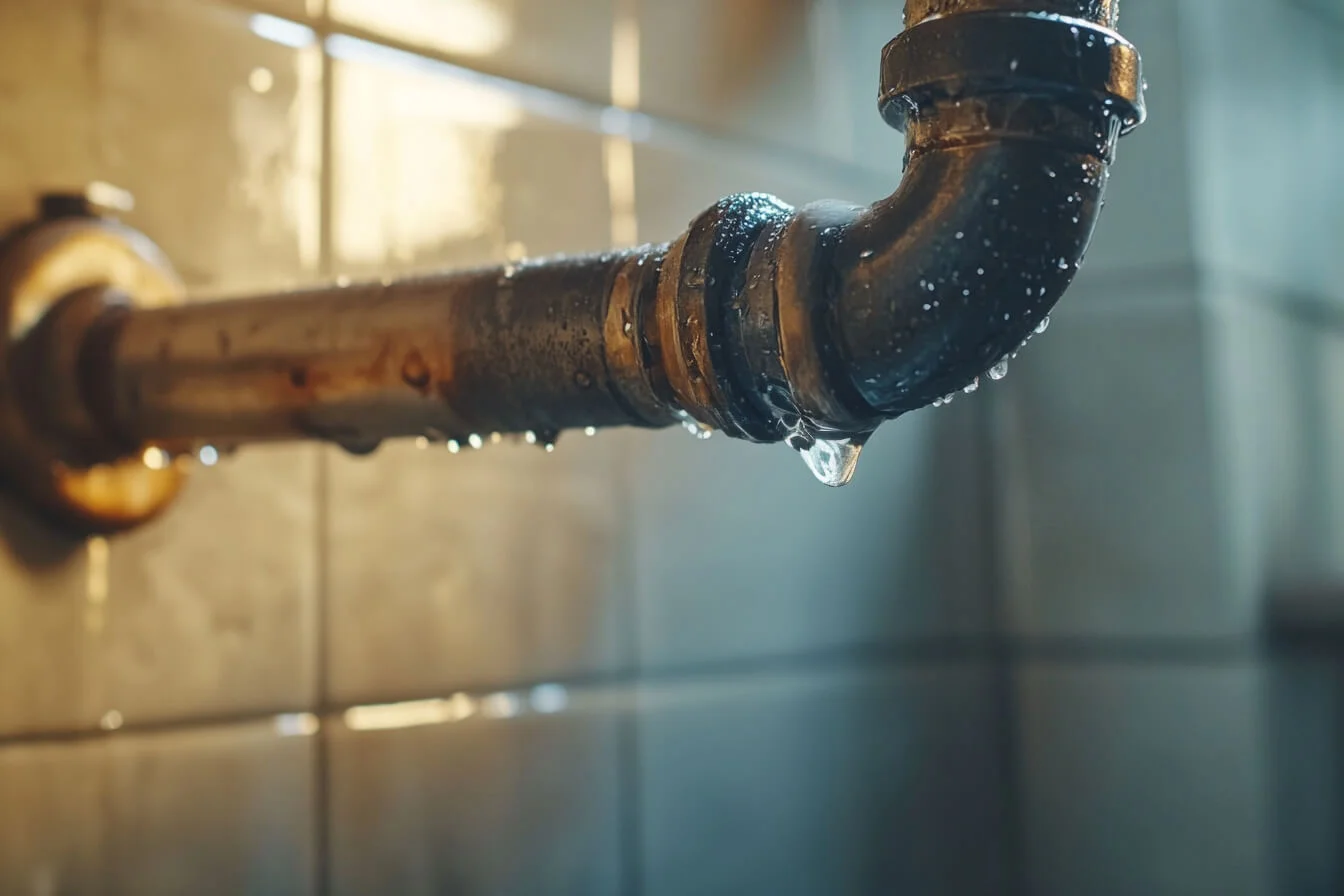 Țeavă de apă veche și ruginită care picură într-un apartament vechi