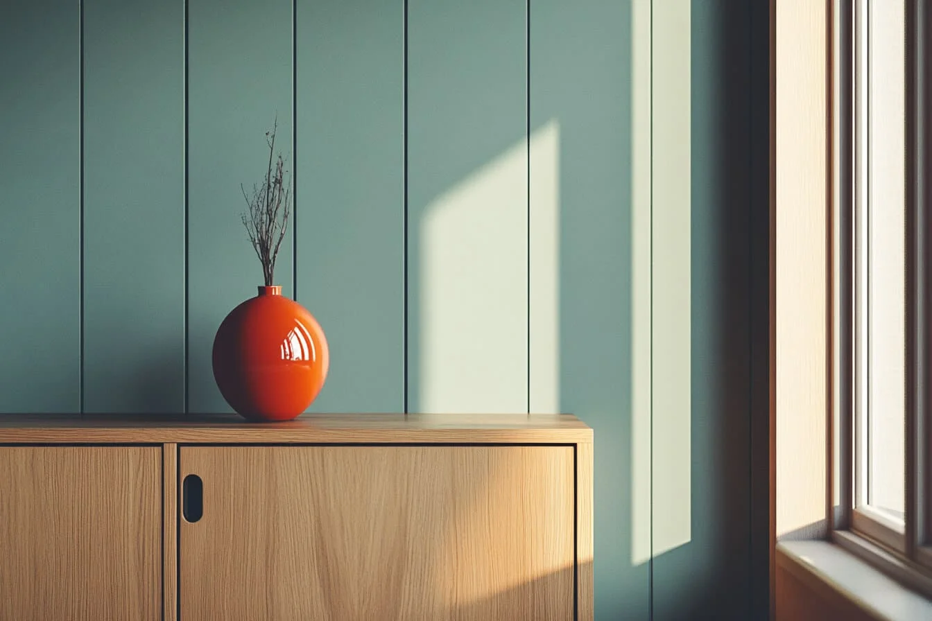 O vaza portocalie pe o noptiera de lemn