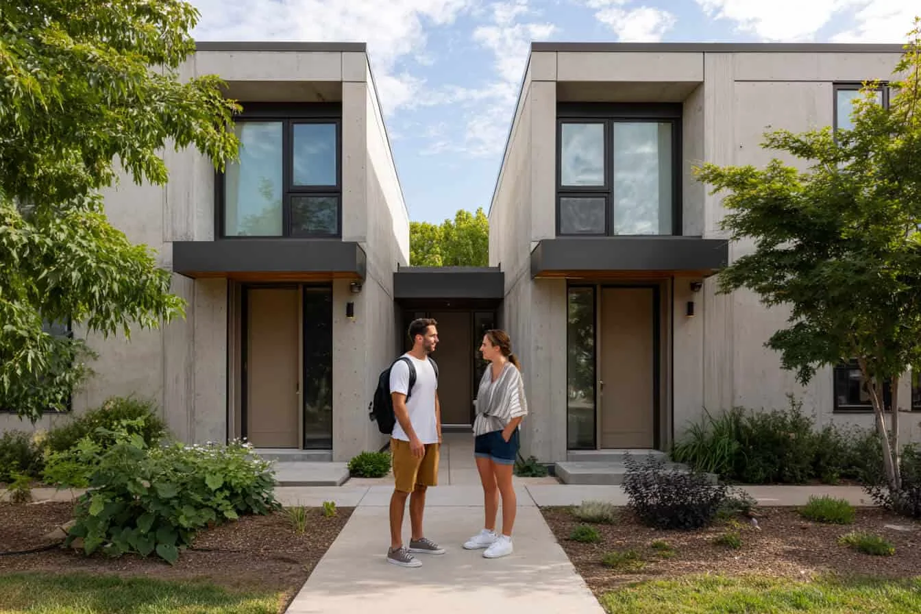 Vecini vorbind intre doua locuinte moderne amplasate simetric cu zona verde in fata