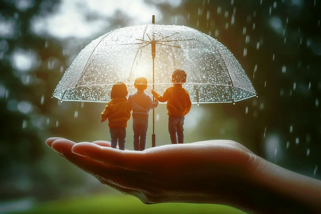 Copii cu umbrela in palma