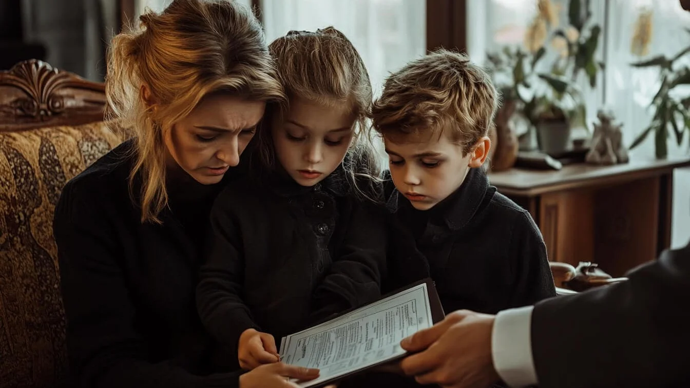 Familie îndureretă: mamă îmbrăcată în negru și doi copii în brațele ei, în timp ce un consultant financiar îi înmânează mamei un document