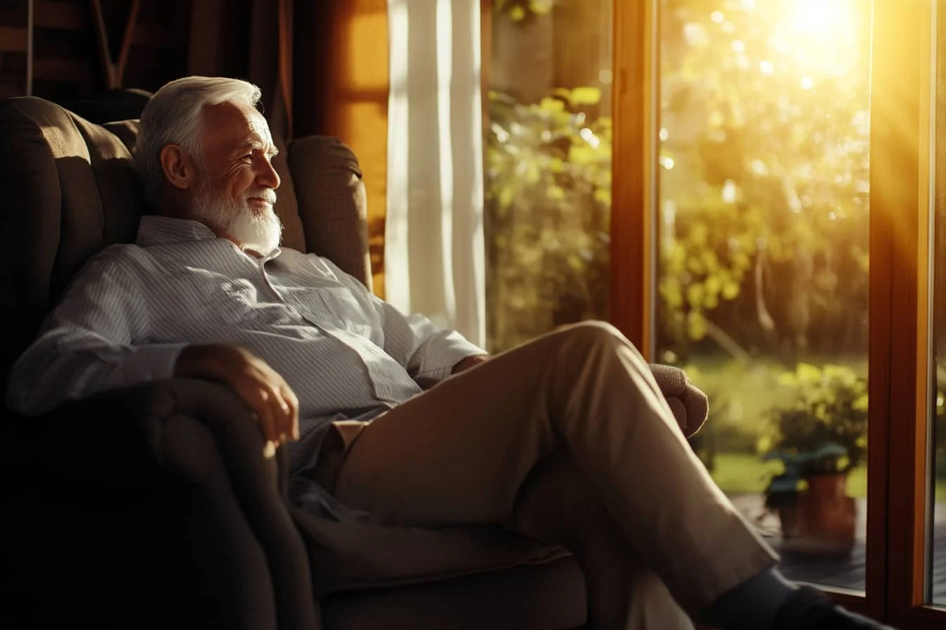 Pensionar relaxat stând confortabil într-un fotoliu acasă