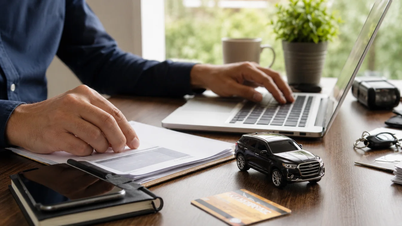 Bărbat la laptop lângă o machetă SUV, cu acte, card și chei auto