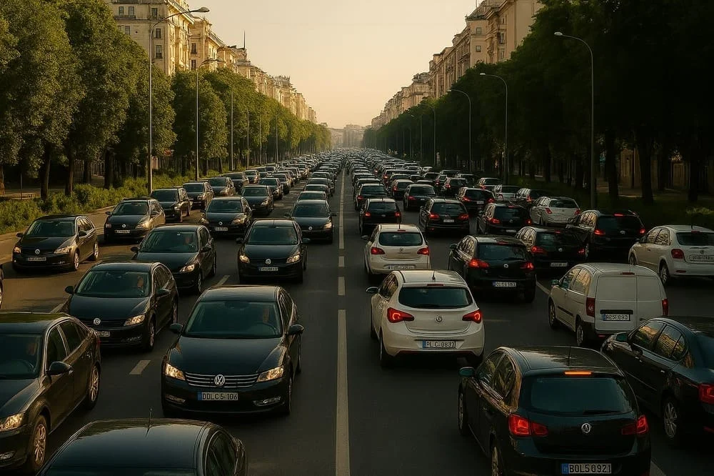 Bulevard aglomerat plin de masini care circula in ambele sensuri