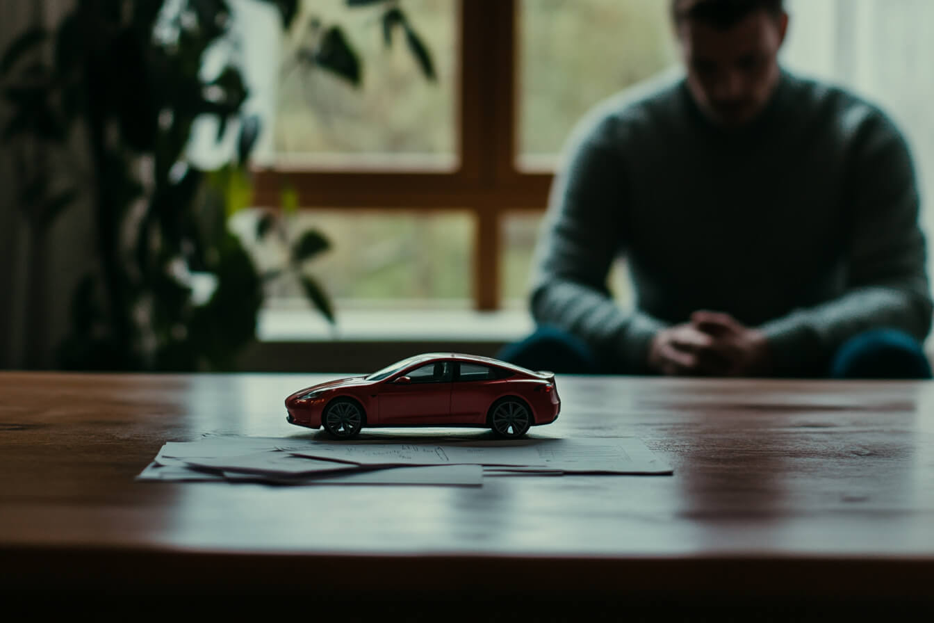 Documentele masinii pe birou cu o masina in miniatura deasupra