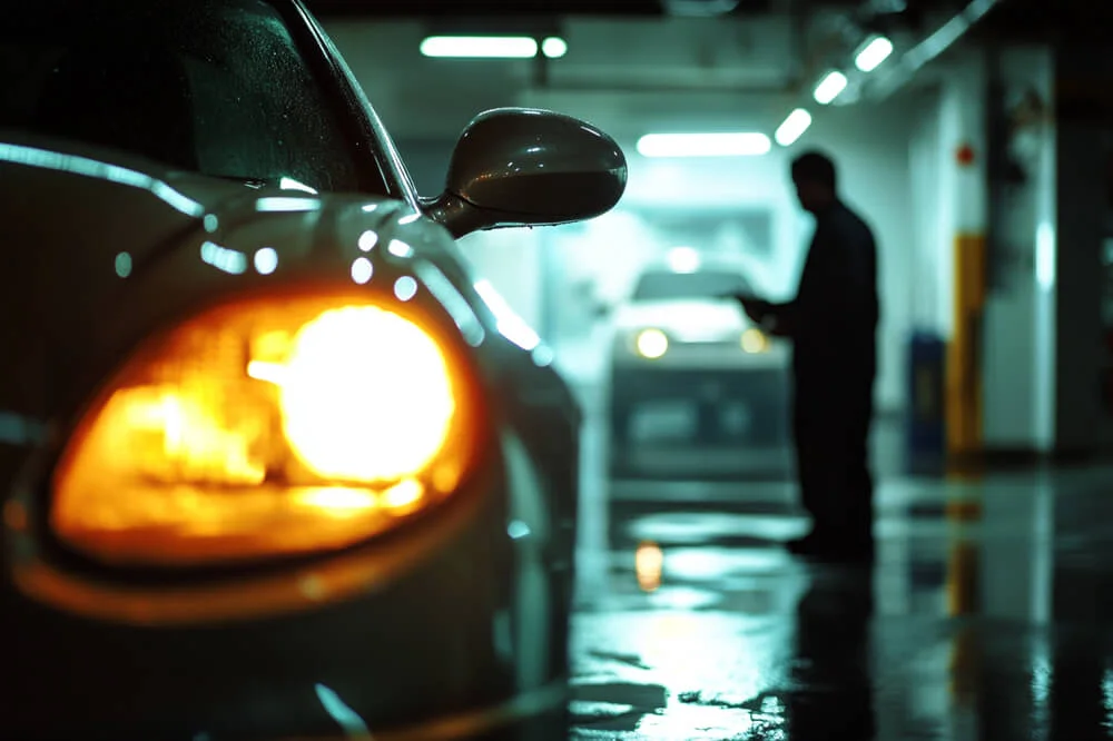 O masina intr-un service auto cu farurile aprinse