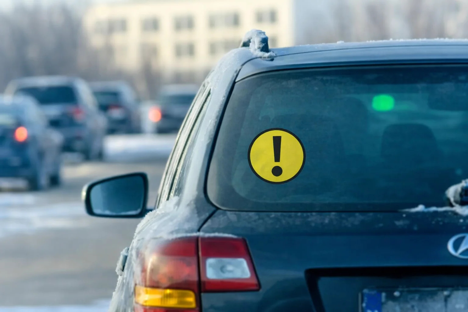 Mașină cu semn de exclamare galben pentru șofer începător în trafic de iarnă