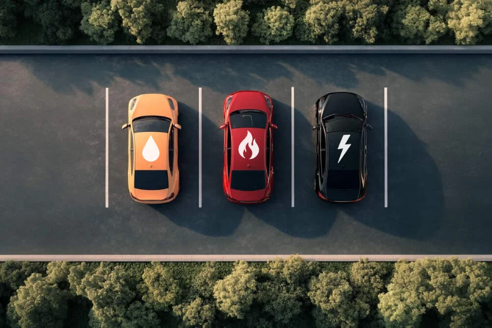 Trei masini parcate cu simboluri deasupra reprezentand benzina, diesel si electrica