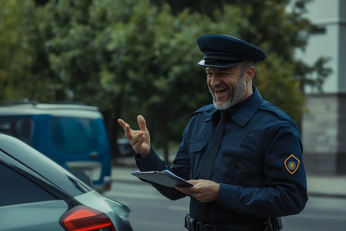 Polițist zâmbind și gesticulând lângă o mașină, ținând în mână un clipboard