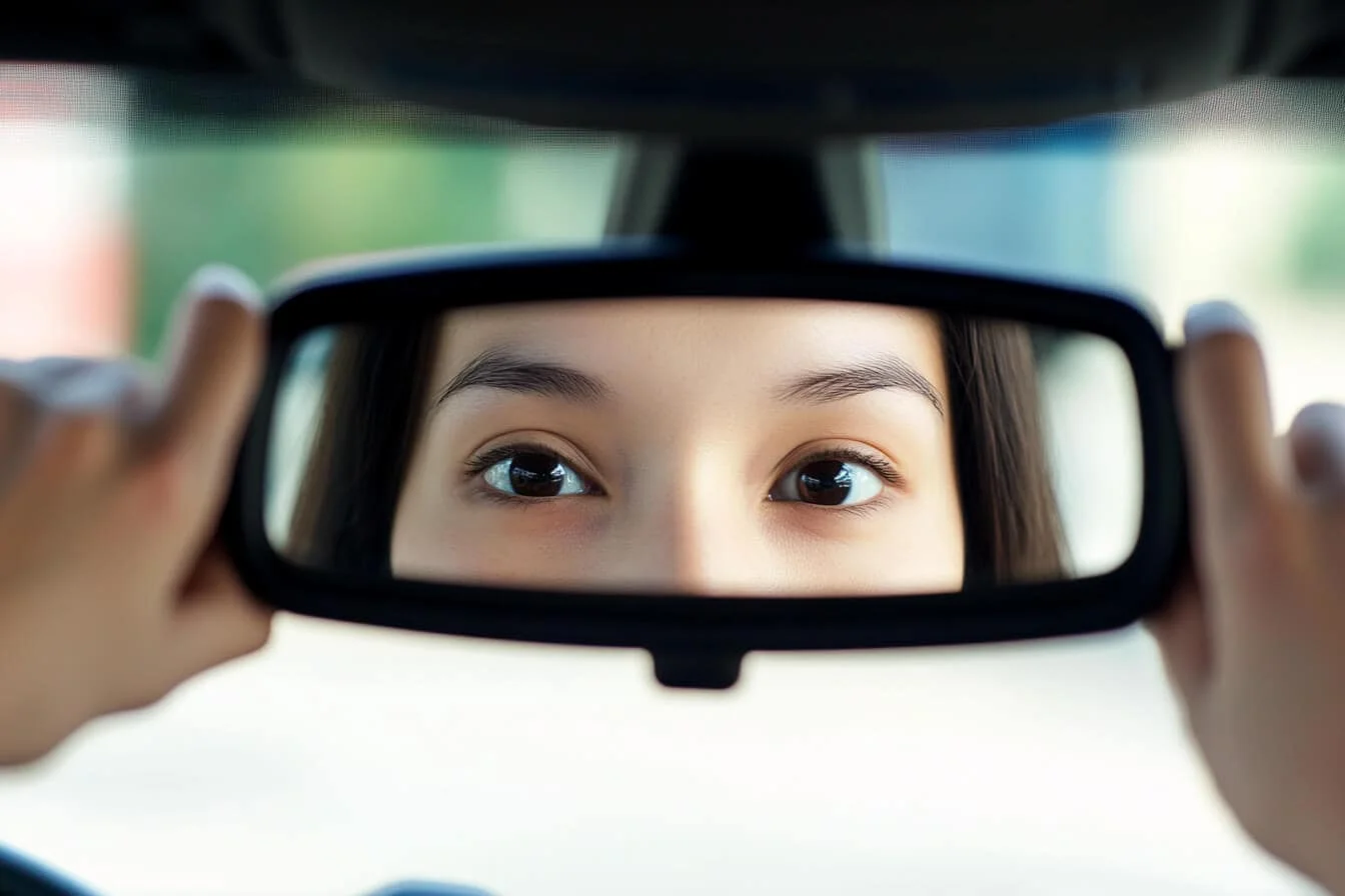 Șofer începător privind în oglinda retrovizoare în timp ce conduce